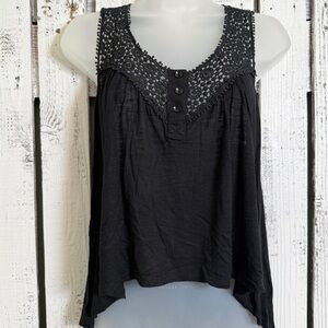 American Dream Boho Lace Trim Tank Top Size Small HiLo Lightweight Flowing Black